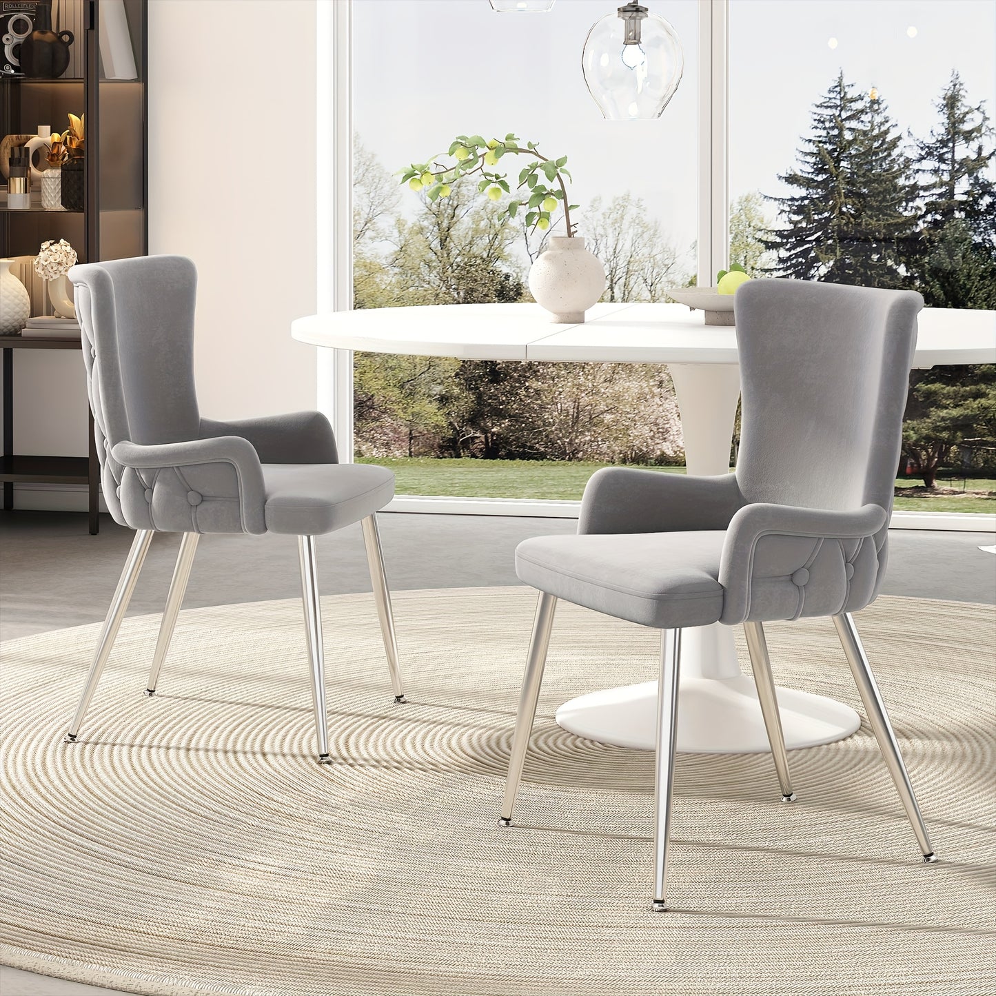Velvet Dining Chair, Set Of 2, Luxury Living Room Bedroom Lounge Chair with Four Silvery Metal Supporting Legs, Gray