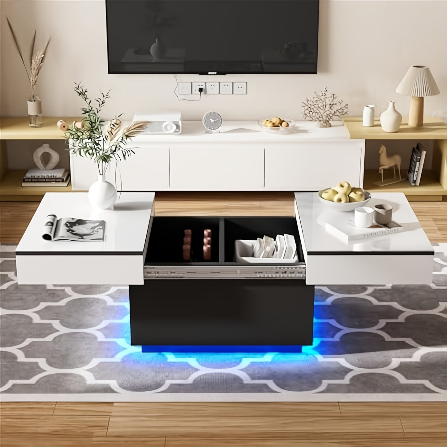 Salontafel – Bijzettafel – Woonkamertafel – Koffietafel – Tafel – Modern Hout – Uitbreidbaar Uitschuifblad – 2 Verborgen Opbergvakken – Wit – 80x58x40 cm