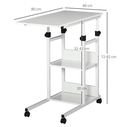 Zijtafeltje – Bijzettafel – Nachtkastje – Serveerwagen – Mobiel Tafeltje – Verstelbare Hoogte 72-82 cm – Metalen Frame Met 2 Opbergrekken