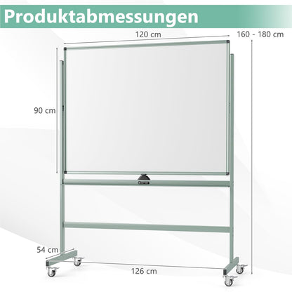 Dubbelzijdig Mobiel Whiteboard – Magnetisch Bord – Schrijfbord – Flipover – Rolwagen – Hoogte Verstelbaar – Inclusief Accessoires – 120 x 90 cm