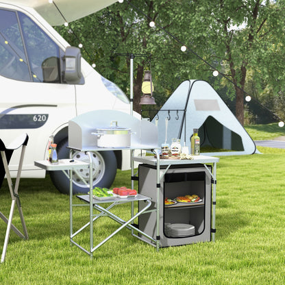 Campingkast – Campingkeuken – Kampeermeubel – Opvouwbare Kast – Outdoor Keuken – 3 Werkbladen – Windscherm – Stoffen Kast – 144x48x119 cm – Metaal Frame