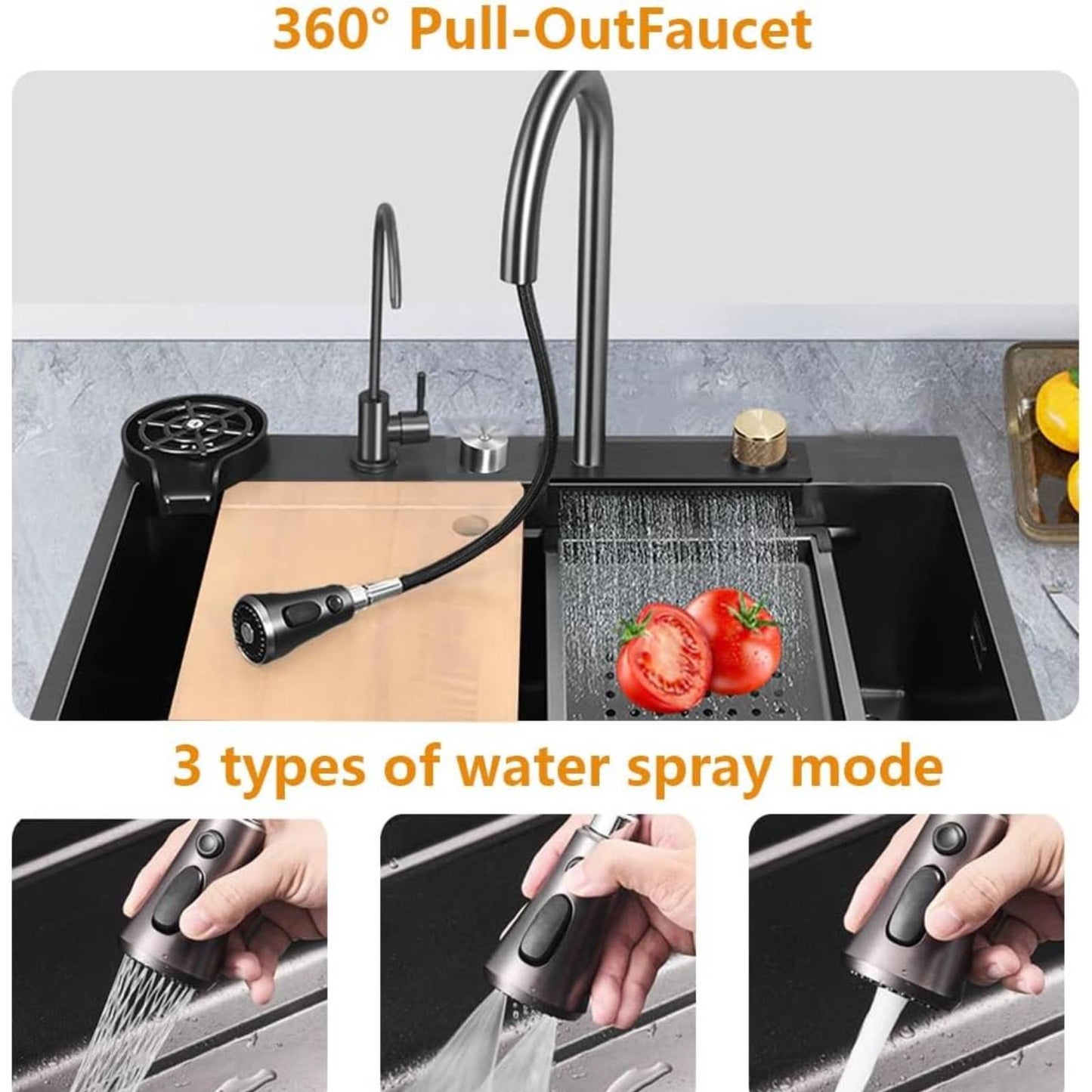 Keukenspoelbak – Spoelbakken Keuken – Wasbak Keuken – Gootsteen Keuken – Enkele Spoelbak – Zwart RVS – 68x45 cm – Inclusief Afdruiprek en Watervalkraan