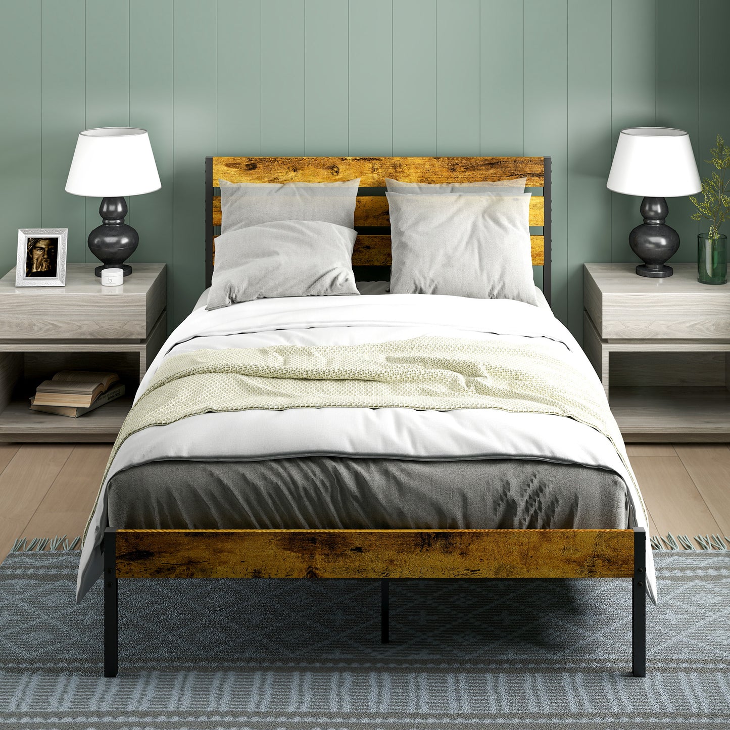 Tweepersoonsbed – Bedframe – Boxspringbed – Industrieel Bed – Slaapbed – Industrieel Design – Stevig Stalen Frame – Ruime Opbergruimte Onder Bed – Geschikt Voor Matras 140x200 cm