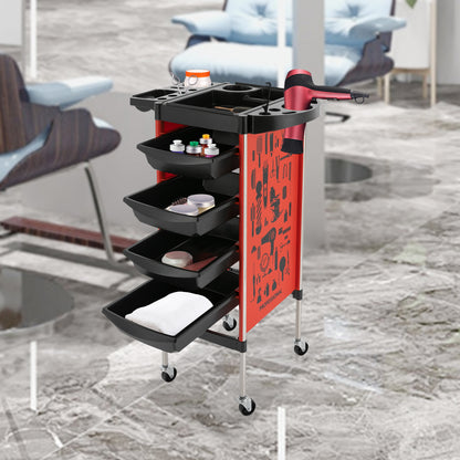 Salonwagen – Kappers Trolley – Werkwagen – Beauty Trolley – Nagelwagen – 5 Lagen Met 4 Laden – Roestvrij Staal & Kunststof – 360° Draaibare Antislip Wieltjes – Zonder Elektriciteit