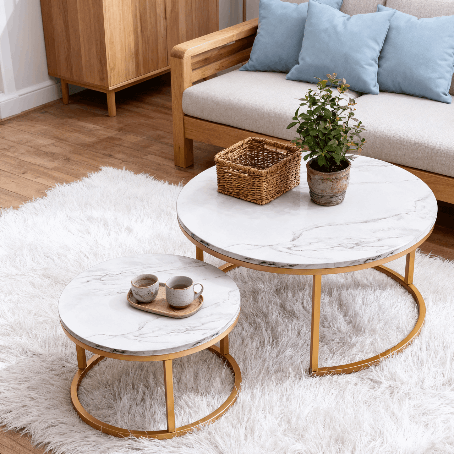 Ronde Salontafel Set – Bijzettafel – Koffietafel – Woonkamer Tafel – Houten Tafelblad – Compact Design – Metaal en Hout – Eenvoudig Zelf Samenstellen