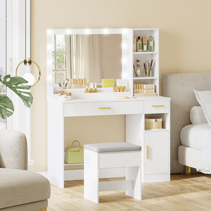 Kaptafel – Make-uptafel – Visagie Tafel – Vanity Table – Schminktafel – Grote Spiegel – 2 Lades & 4 Opbergvakken – Wit