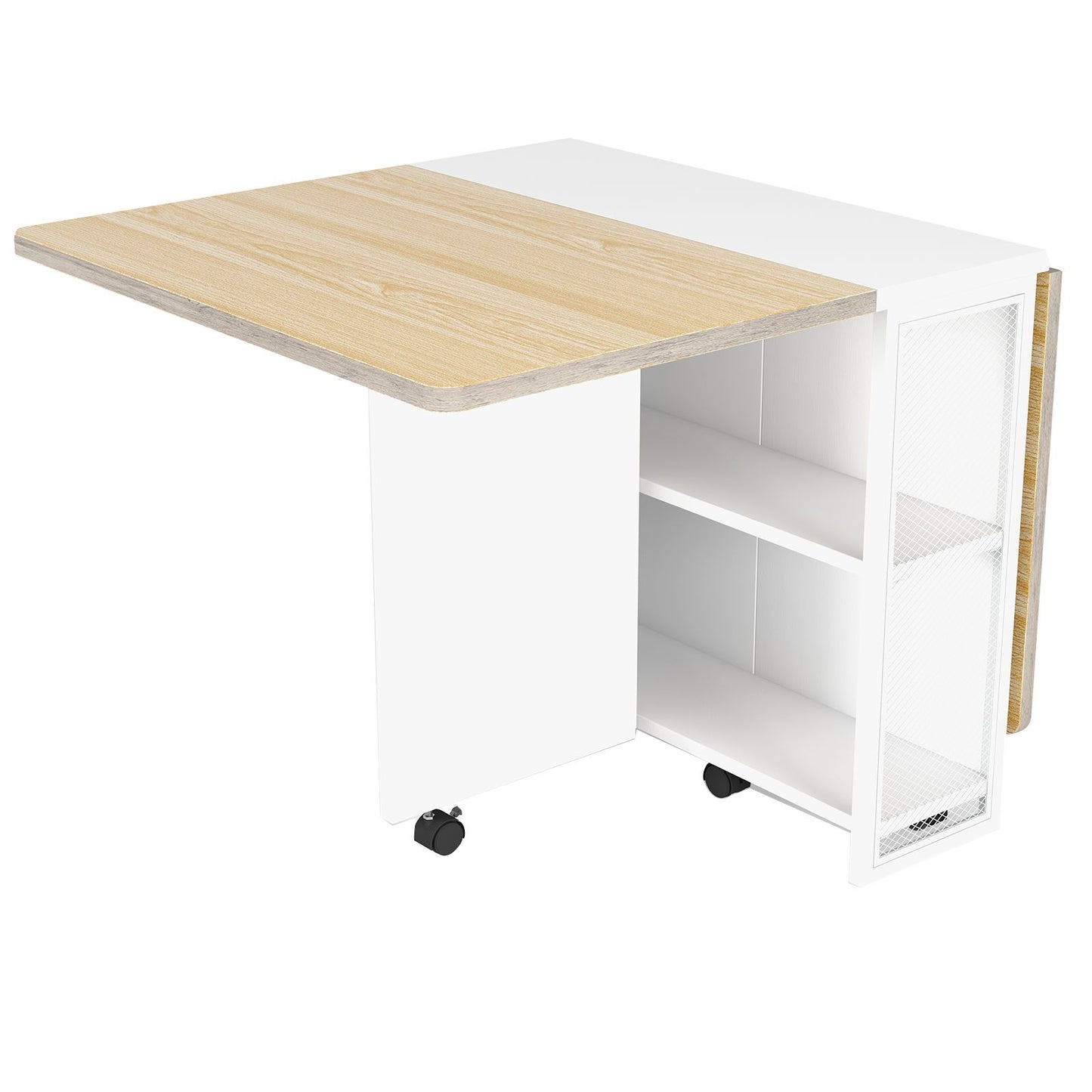 Uittrekbare Eettafel – Inklapbare Tafel – Opvouwbare Eettafel – Uitklapbare Keukentafel – Compacte Werktafel – Wit – 4 Opslagrekken – Duurzaam Metaal