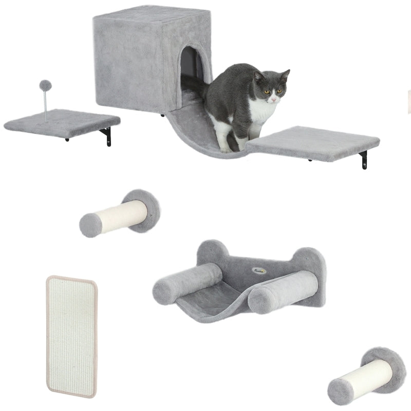 Klimmuur Kat – Krabpaal – Klimmeubel – Kattenhuis – Hangmat – 6-delige Set – Grijs – Stimuleert Klim- en Krabgedrag – Geschikt Tot 5 Kg