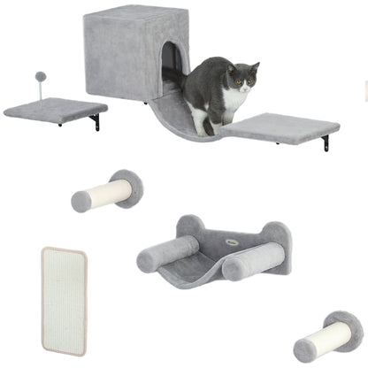 Klimmuur Kat – Krabpaal – Klimmeubel – Kattenhuis – Hangmat – 6-delige Set – Grijs – Stimuleert Klim- en Krabgedrag – Geschikt Tot 5 Kg