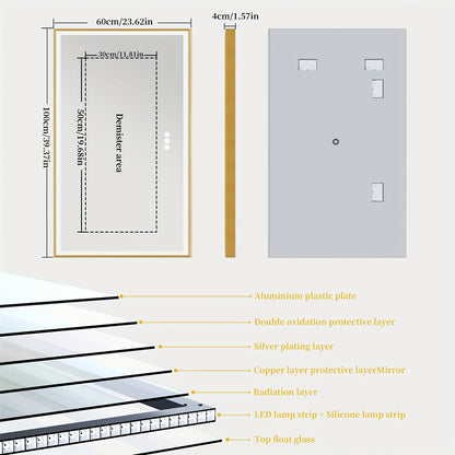 Badkamerspiegel – Spiegel – Wandspiegel – LED Spiegel – Ovale Spiegel – Gouden Aluminium Frame – Anti-Condens Met Groot Verwarmingskussen – Dimbare LED Verlichting 100x60 cm