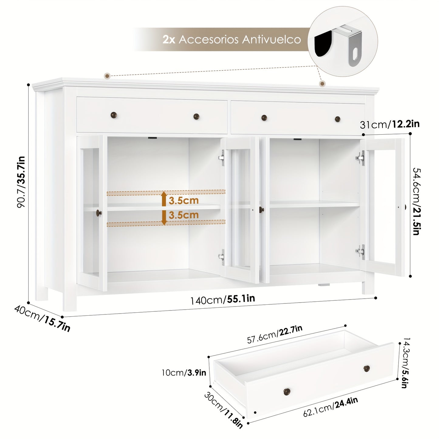 Sideboard – Dressoir – Buffetkast – Opbergkast – Vitrinekast – Wit MDF – 140x90,7x40 cm – 2 Lades en 4 Glazen Deuren met Verstelbare Planken
