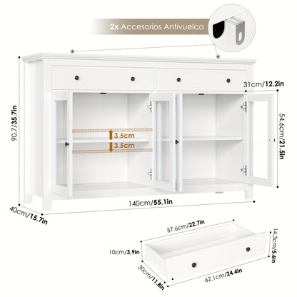 Sideboard – Dressoir – Buffetkast – Opbergkast – Vitrinekast – Wit MDF – 140x90,7x40 cm – 2 Lades en 4 Glazen Deuren met Verstelbare Planken