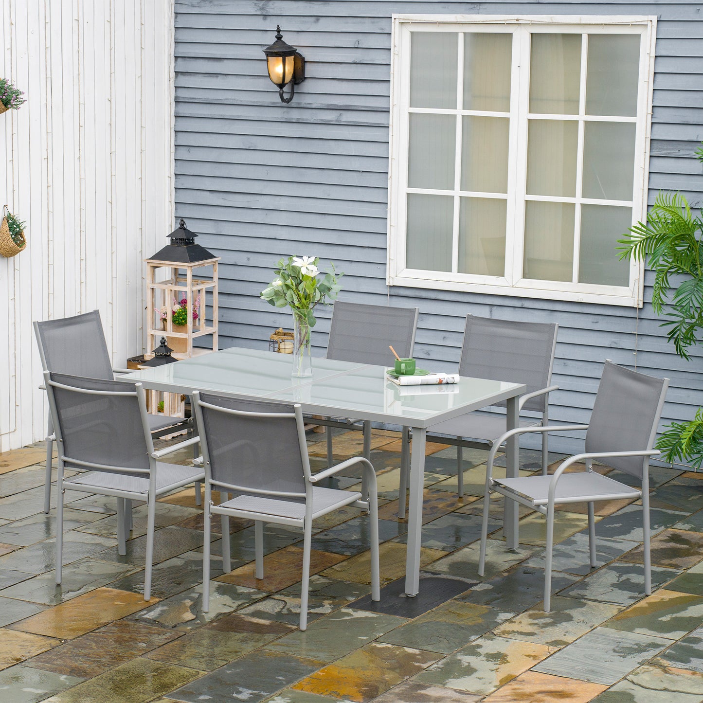 Tuinset – Tuinmeubel – Terrasset – Buitenmeubilair – 7-delig – Gepoedercoat Staal – Gehard Glas Blad – Stapelbare Stoelen – Grijs