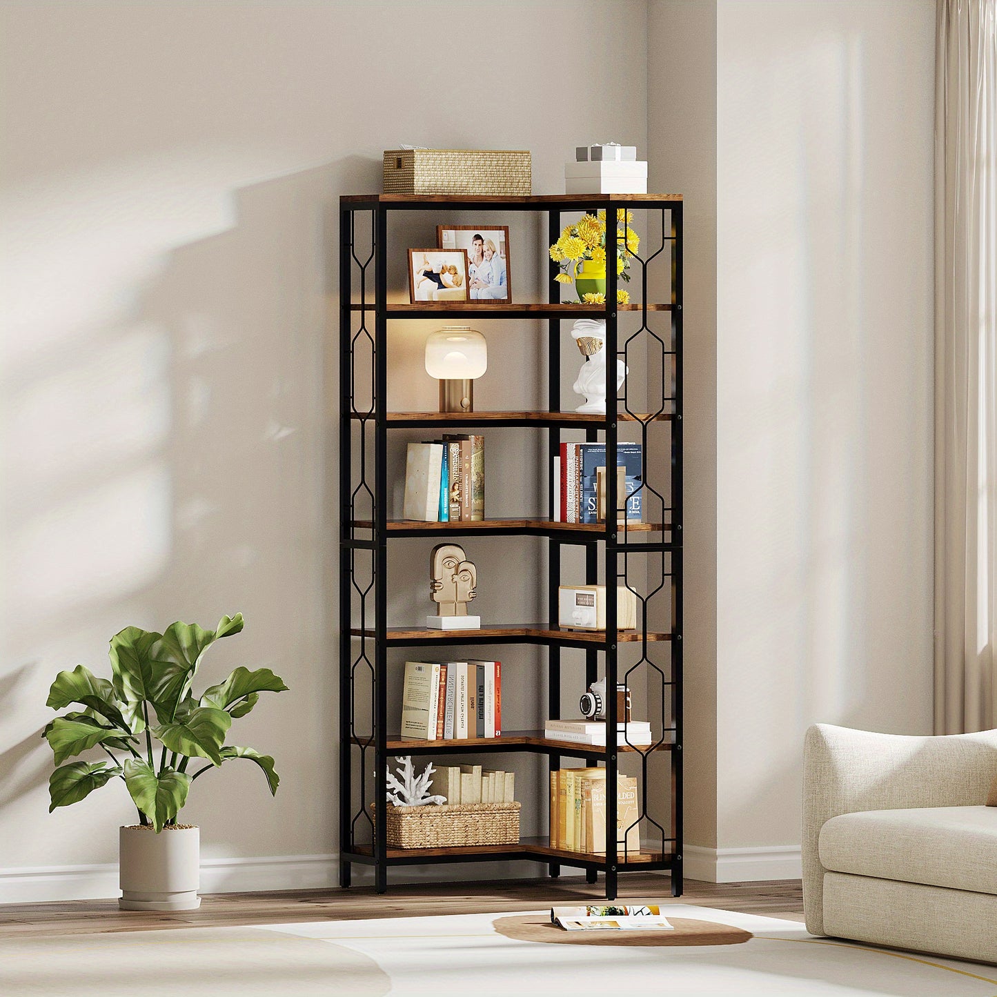 7-Lage Industriële Hoekboekenkast – Boekenkast, Plank, Boekplank, Hoekplank – Houten Planken Met Stalen Frame – Ruimtebesparend Modern Landelijk Design