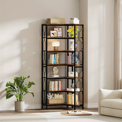 7-Lage Industriële Hoekboekenkast – Boekenkast, Plank, Boekplank, Hoekplank – Houten Planken Met Stalen Frame – Ruimtebesparend Modern Landelijk Design