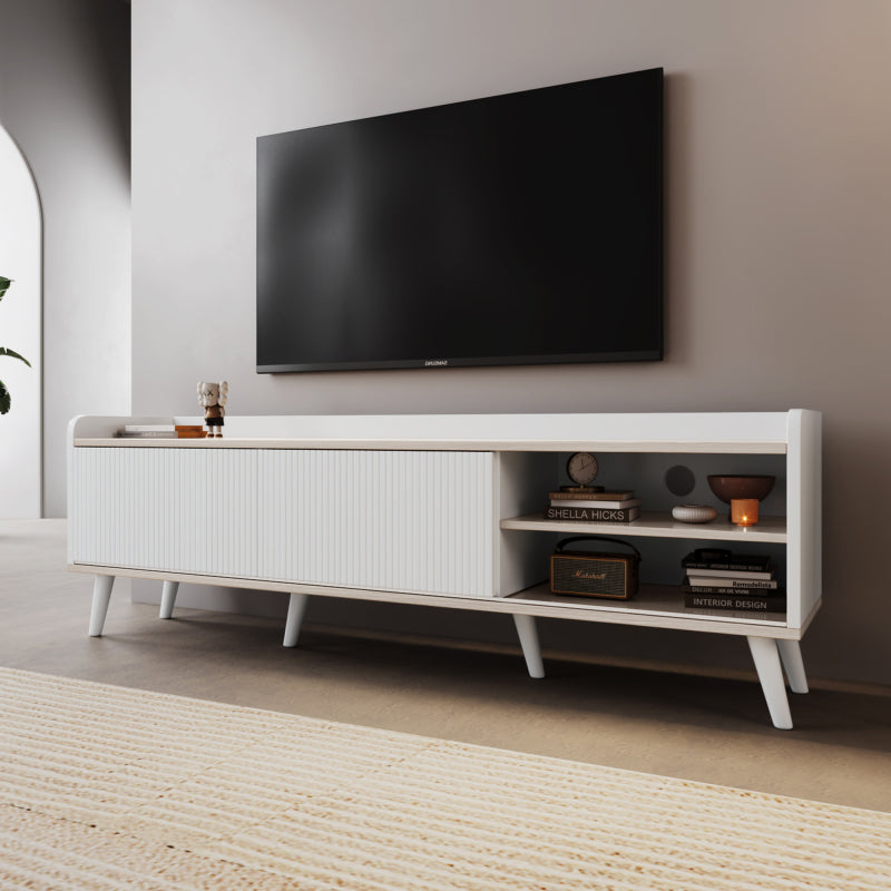 TV Meubel – TV Kast – Tv Lowboard – Media Console – Modern Cabinet – 2 Lades – Spaanplaat Wit-Hout – Compact 102-124 cm