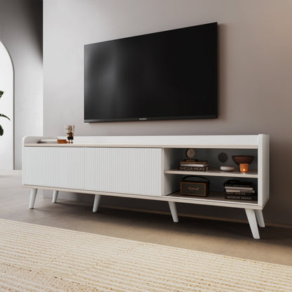 TV Meubel – TV Kast – Tv Lowboard – Media Console – Modern Cabinet – 2 Lades – Spaanplaat Wit-Hout – Compact 102-124 cm