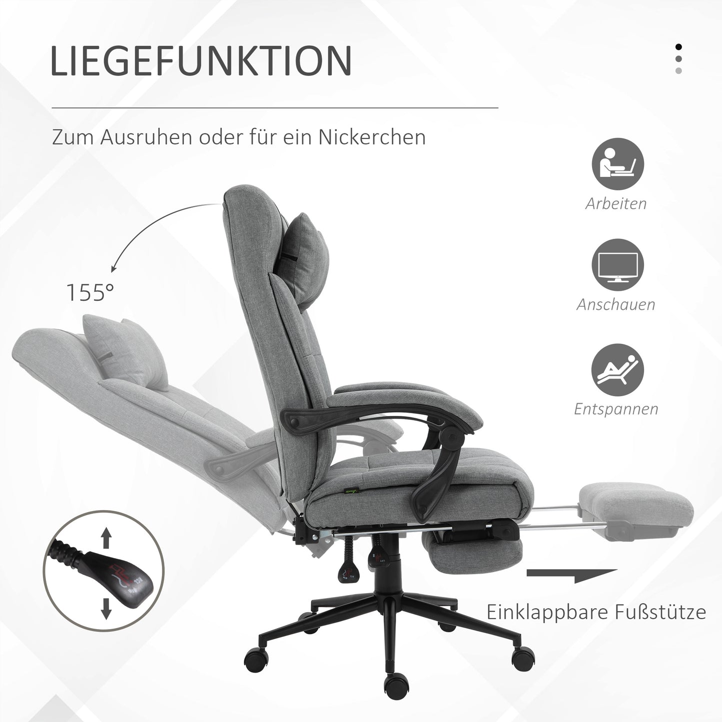 Bureaustoel – Draaistoel – Kantoorstoel – Gamestoel – Bureaustoel met armleuningen – Verstelbare zithoogte 47-55 cm – Kantelbare rugleuning 90°-155° – Met hoofdsteun en uittrekbare voetensteun – Lichtgrijs linnenstof en schuim