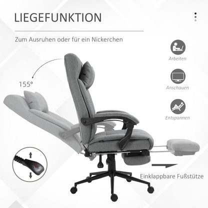 Bureaustoel – Draaistoel – Kantoorstoel – Gamestoel – Bureaustoel met armleuningen – Verstelbare zithoogte 47-55 cm – Kantelbare rugleuning 90°-155° – Met hoofdsteun en uittrekbare voetensteun – Lichtgrijs linnenstof en schuim