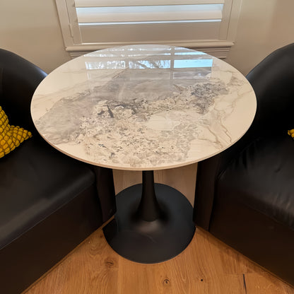 Modern Round Dining Table with Sintered Stone Top & Golden Metal Legs - 78cm Height, Scratch & Heat-Resistant Surface, Seats 2-4 People, Luxury Marble-Like Table for Home, Restaurant, Cafe, Hotel - Easy Assembly, No Wood/Main