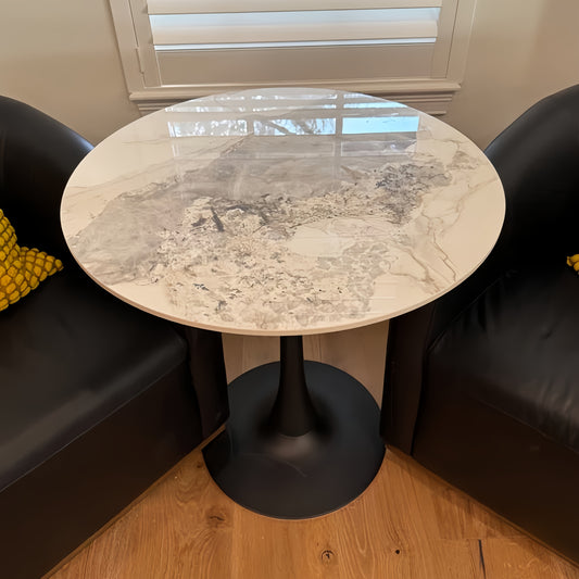 Modern Round Dining Table with Sintered Stone Top & Golden Metal Legs - 78cm Height, Scratch & Heat-Resistant Surface, Seats 2-4 People, Luxury Marble-Like Table for Home, Restaurant, Cafe, Hotel - Easy Assembly, No Wood/Main