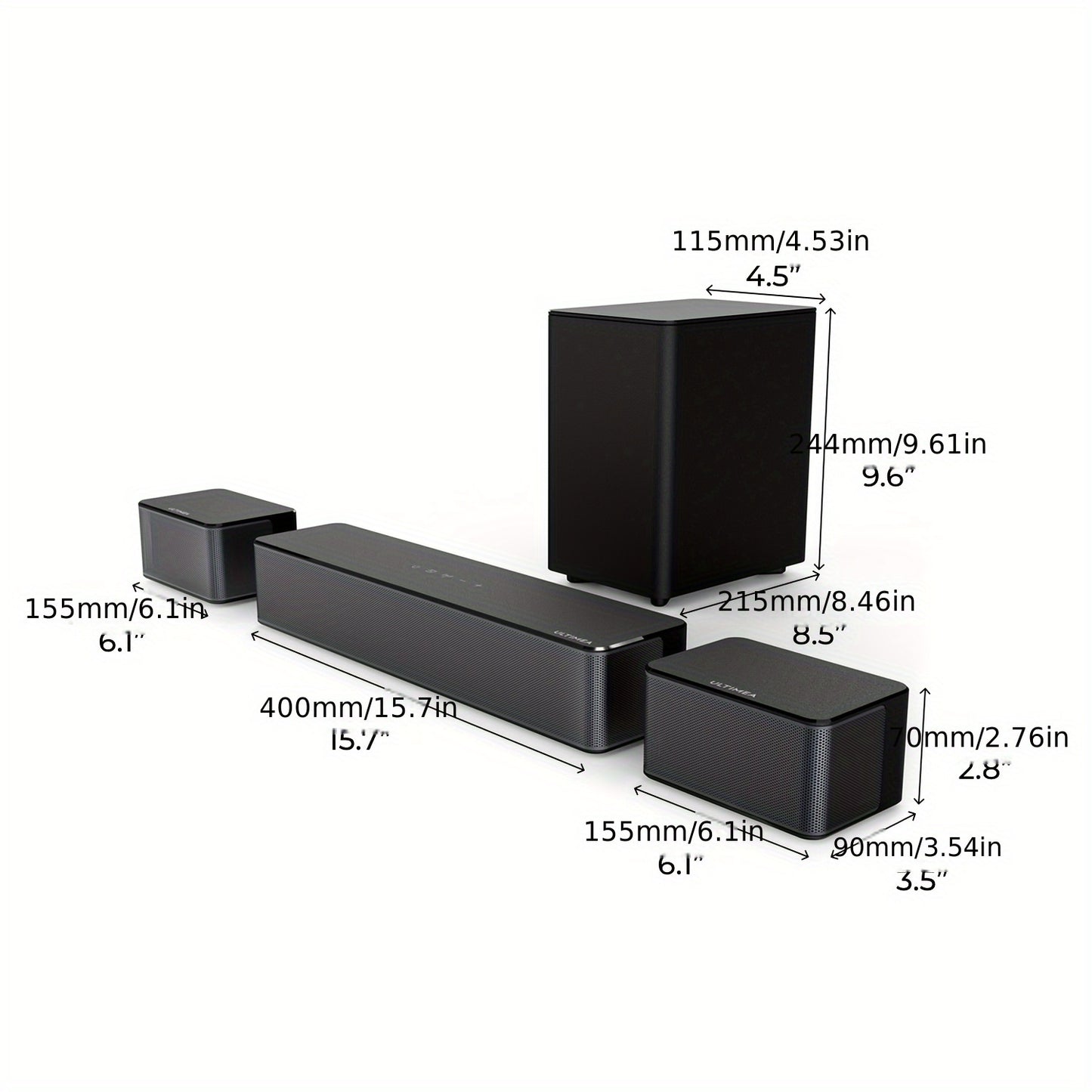 5.1 Surround Sound Systeem – Home Theater Speaker Set – Soundbar – Draadloze Subwoofer – Achterluidsprekers – BassMX Basversterking – SurroundX Technologie – 320W Krachtig Geluid – Zwart Modern Design
