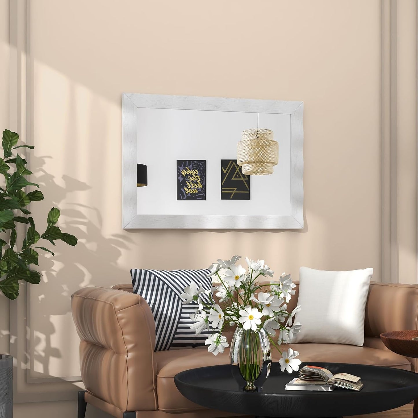 Wandspiegel – Spiegel – Muurspiegel – Landelijke Spiegel – Vintage Spiegel – Massief Rubberhout – Rustiek Wit Frame – 106x71,5 cm – Flexibel Ophangsysteem