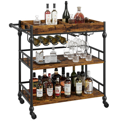 Mobiele Barwagen – Serveerwagen – Trolley – Wijnkar – Drinkkar – Retro Kleur – Hardhout – 4 Draaibare Wielen