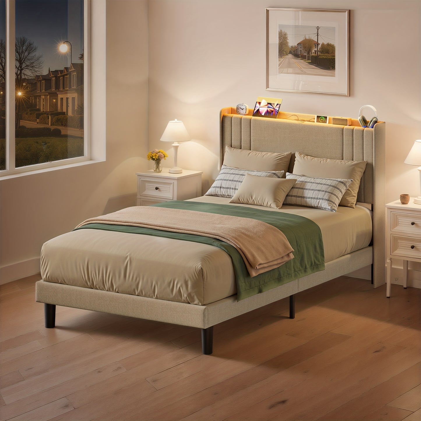 Tweepersoonsbed – Bedframe – Slaapbank – Opbergbed – Hoogslaper – 120x200 cm – Stijlvol Beige – Met Opbergruimte Hoofdbord – Stevig Hout-Metaal Frame
