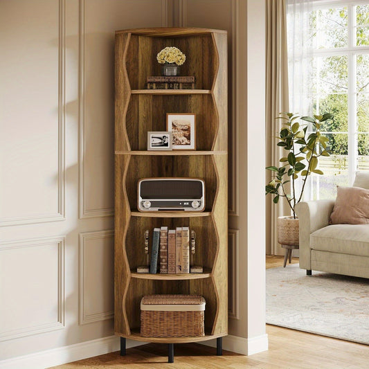 Boekenrek – Boekenkast – Boekenplank – Wandrek – Opbergkast – 5-Lagen Hoekplank – Hoog 182 cm – Stevig MDF Metalen Frame – Space-Saving Design Rustiek Bruin