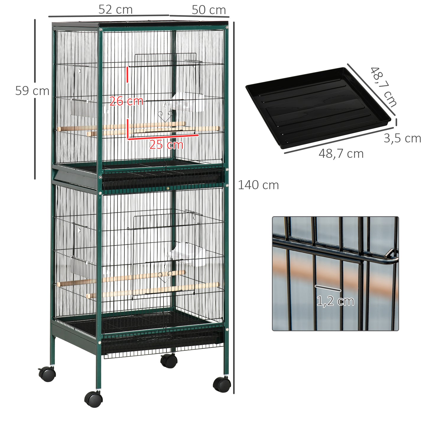 Vogelkooi Binnen – Vogelkast – Vogelkooi Groot – Vogelkooi Met Wieltjes – Vogel Kooi Groen – Ruime Metalen Kooi – 4 Deuren – Makkelijk Verplaatsbaar