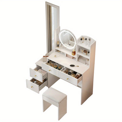 Kaptafel – Make-uptafel – Schminktisch – Dressing Table – Witte 4-in-1 Kaptafel met Spiegel en Kruk – Grote Spiegel en Ruime Opberglades – Compact en Stijlvol Design