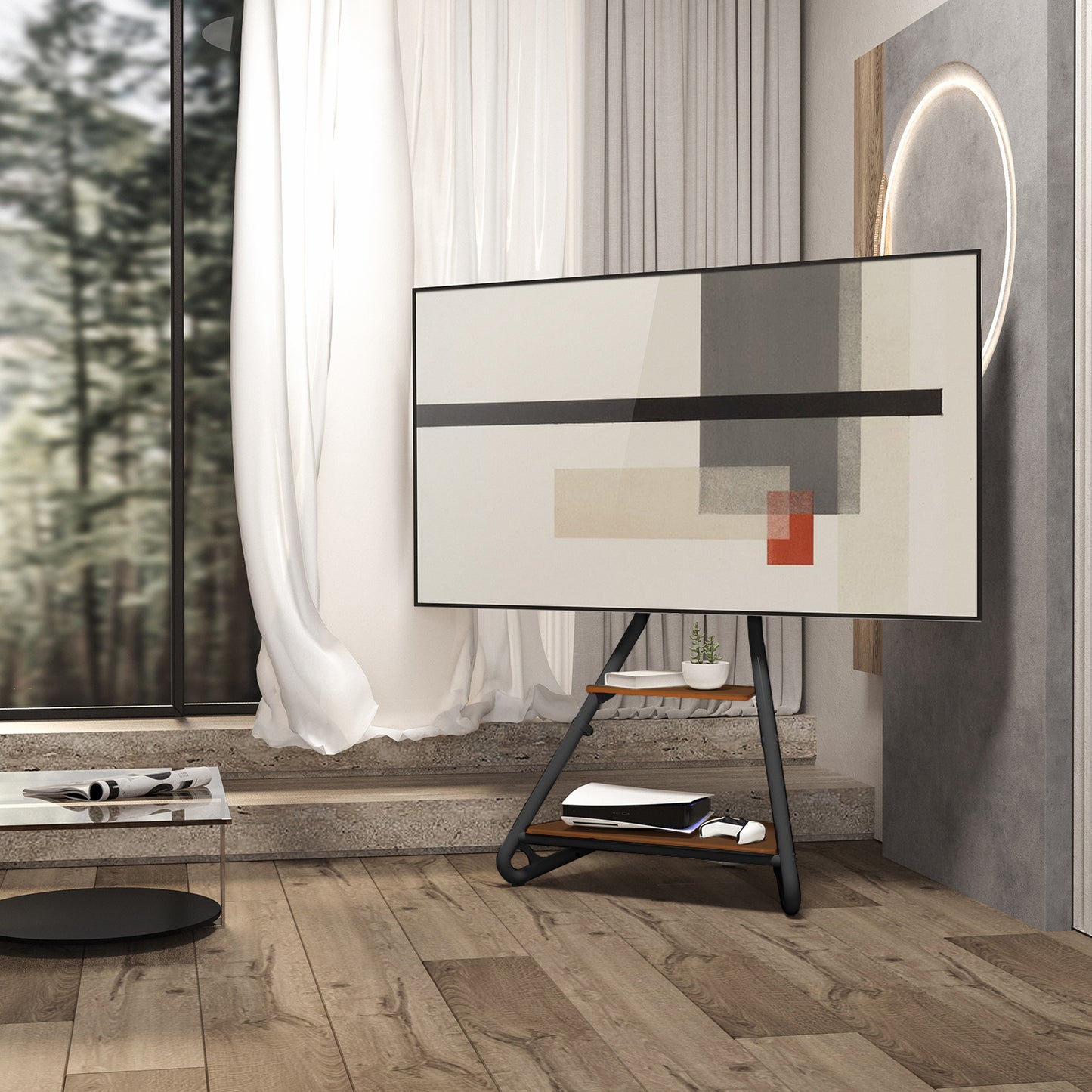 Universele TV-standaard – TV-meubel – TV-houder – TV-voet – TV-plank – Geschikt voor 37-75 Inch – Met Houten Planken en Kabelbeheer