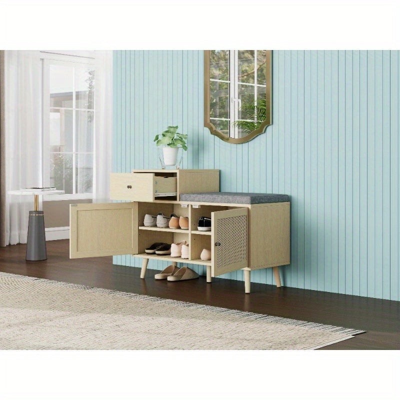 Schoenenbank – Schoenenkast – Halbank – Schoenopberger – Opbergmeubel – Rattan Geweven Deuren – Geïntegreerde Opberglade – Bekleed Zitoppervlak – Metaal Met Houtlook – 90x35x65 cm