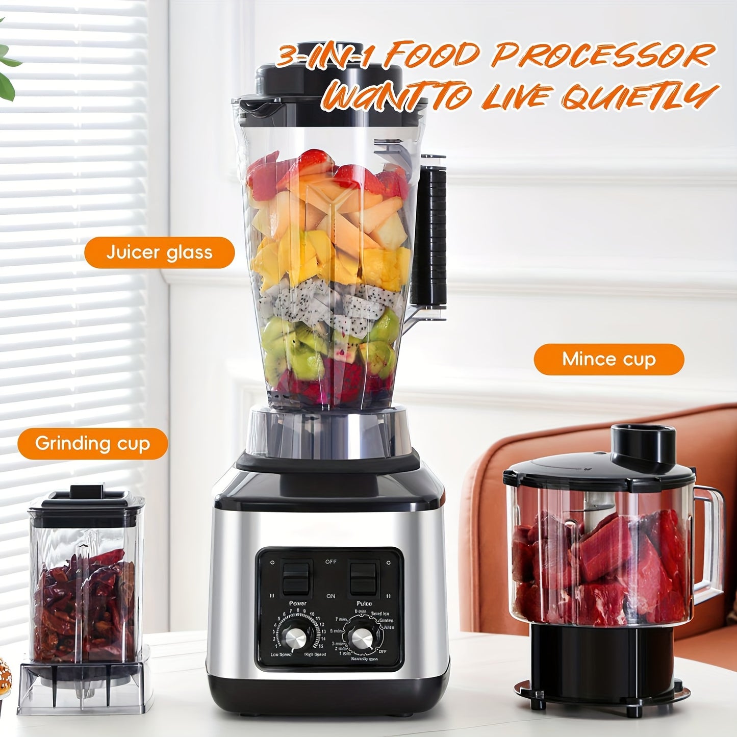 3-in-1 Elektrische Blender – Multifunctionele Mixer – Sapcentrifuge – Smoothiemaker – Keukenmachine – 9500W Krachtige Motor – 3L, 1,5L en 0,5L Containers