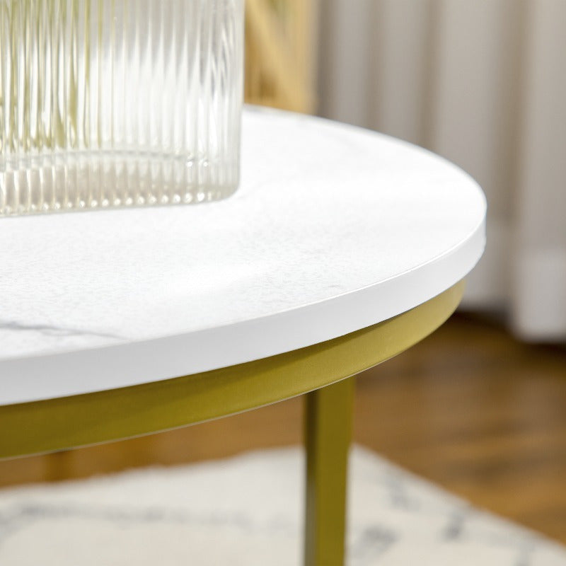 Ronde Bijzettafel – Salontafel – Eettafel – Accenttafel – Tafeltje – Stalen Frame – Marmerlook Wit – 30kg Draagkracht – Stapelbaar 2-delig Set