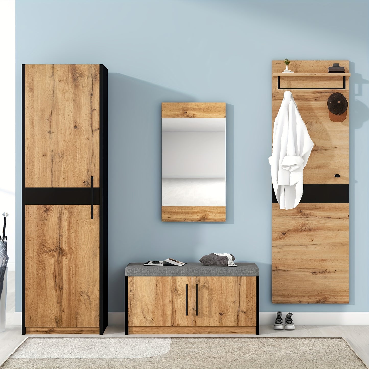 Halmeubelset – Kapstok – Schoenenrek – Wandkapstok – Garderobekast – Geel – Compact Ruimtebesparend – Rotan Deuren