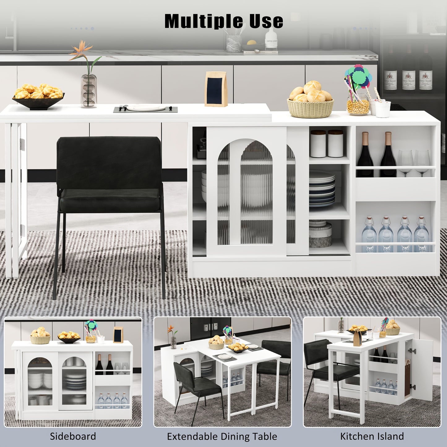 Draaibare Bartafel – Barmeubel – Eettafel – Opbergkast – Keukentafel – 360° Draaibaar – Uitschuifbaar Blad – Wit – Metalen Frame – Glazen Deuren