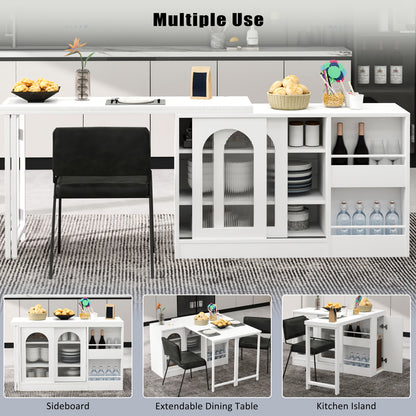 Draaibare Bartafel – Barmeubel – Eettafel – Opbergkast – Keukentafel – 360° Draaibaar – Uitschuifbaar Blad – Wit – Metalen Frame – Glazen Deuren