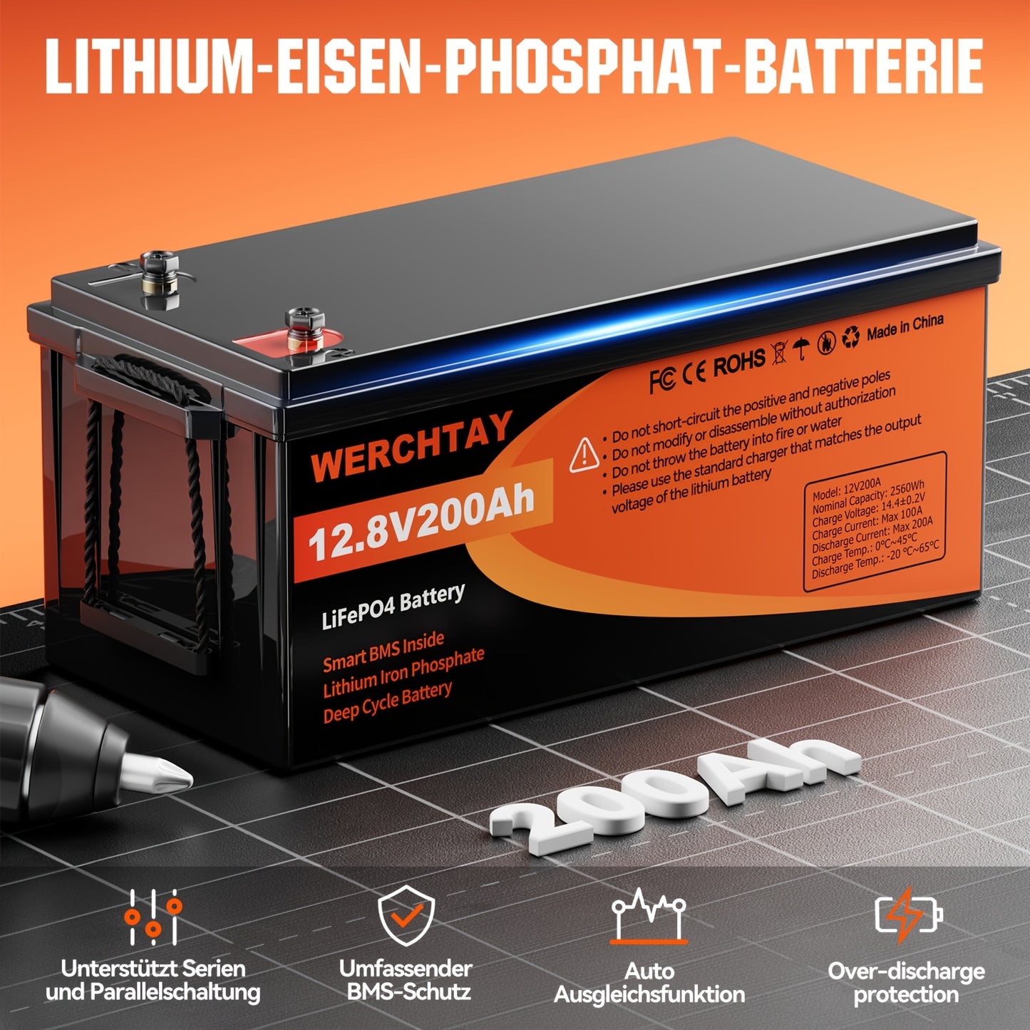 Lithium Accu – LiFePO4 Accu – Oplaadbare Batterij – Deep Cycle Accu – Solar Accu – 12,8V 200Ah – Slim BMS Systeem & 15.000+ Levenscycli
