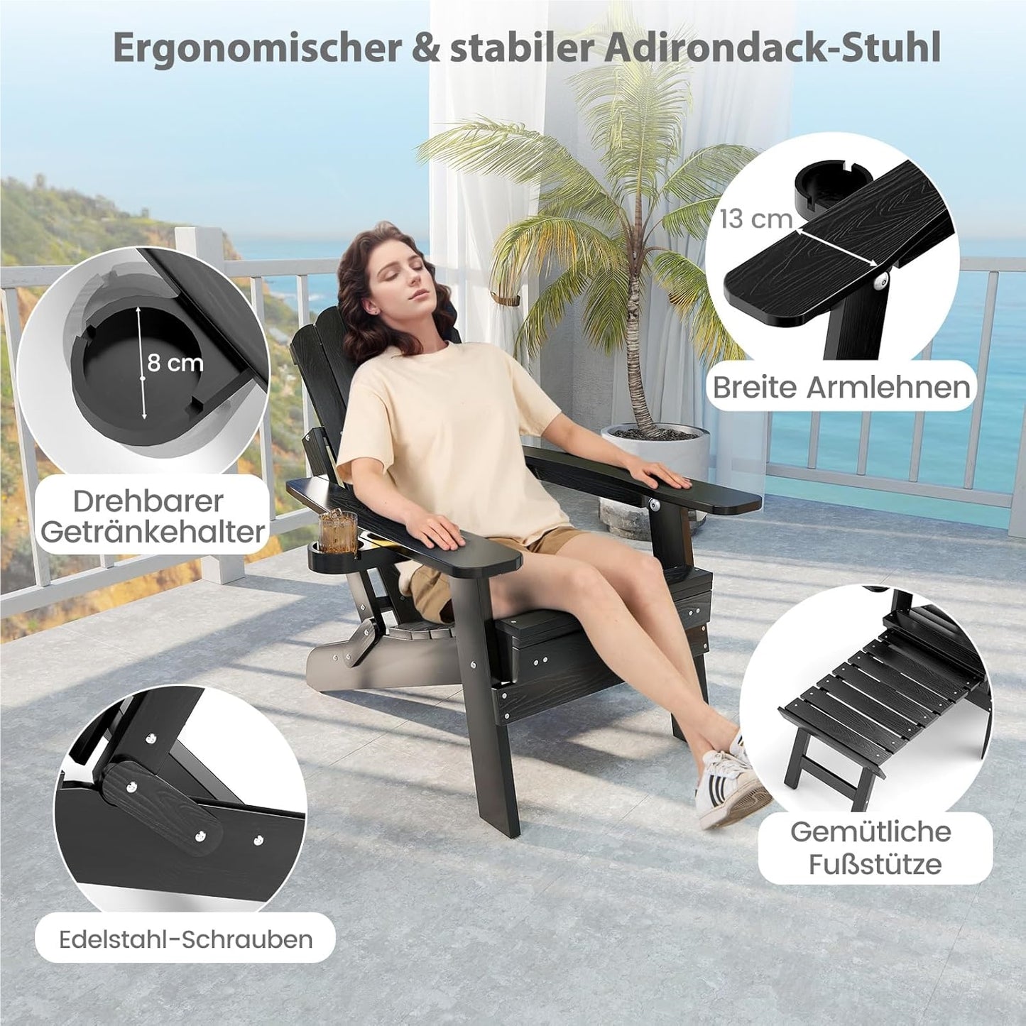 Adirondack Tuinstoel – Tuinstoel – Buitenstoel – Ligstoel – Relaxstoel – Vouwbaar Met Voetensteun – Weerbestendig Kunststof – Verstelbare Rugleuning – 180 Kg Draagvermogen – Zwart