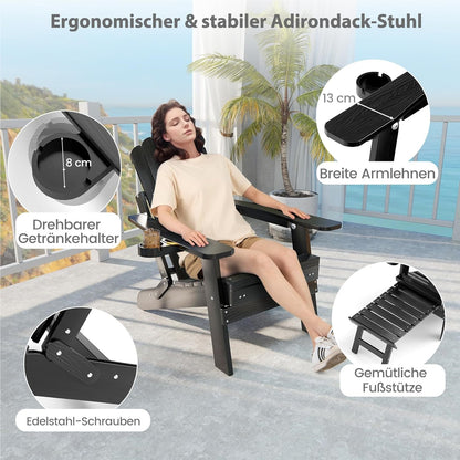 Adirondack Tuinstoel – Tuinstoel – Buitenstoel – Ligstoel – Relaxstoel – Vouwbaar Met Voetensteun – Weerbestendig Kunststof – Verstelbare Rugleuning – 180 Kg Draagvermogen – Zwart