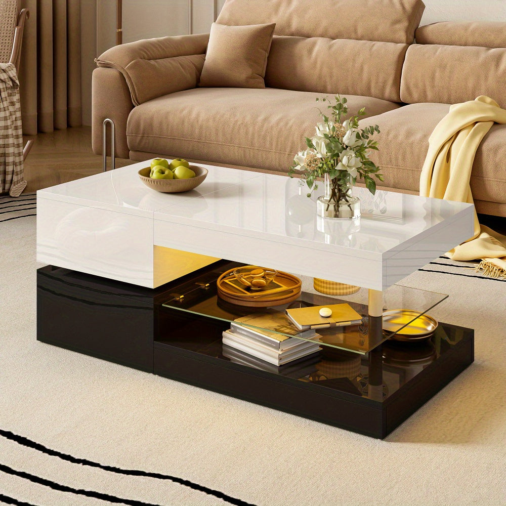 Modern Black & White Glass Top Coffee Table with Glossy Surface & Lower Shelf - Heavy-Duty Non-Wood Construction, Easy Assembly, Minimalist Living Room Center Table for Home Decor, Durable Glass Shelves & Smooth Edges, Space-