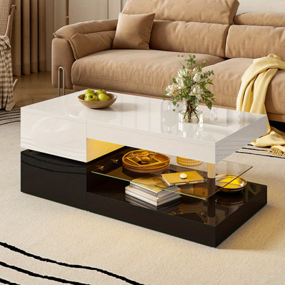 Modern Black & White Glass Top Coffee Table with Glossy Surface & Lower Shelf - Heavy-Duty Non-Wood Construction, Easy Assembly, Minimalist Living Room Center Table for Home Decor, Durable Glass Shelves & Smooth Edges, Space-