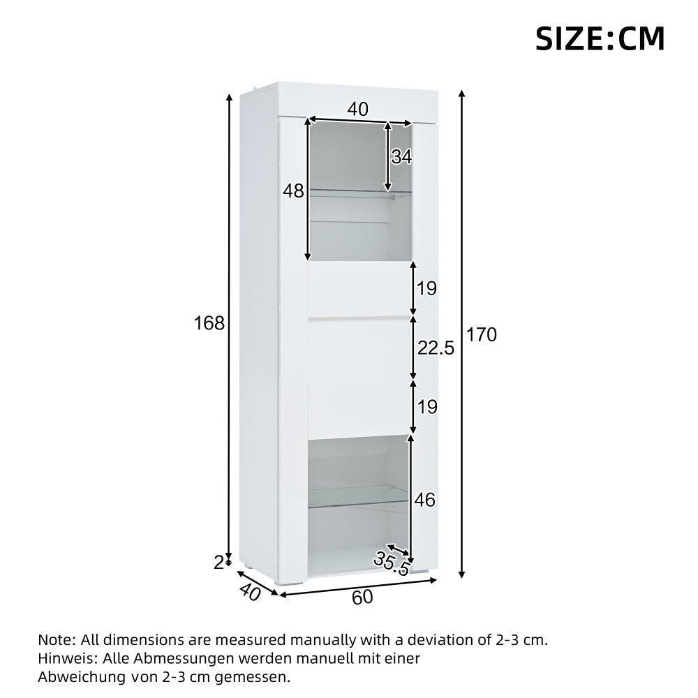 Vitrinekast – Glazen Kast – Displaykast – Opbergkast – Woonkamerkast – Wit Hoogglans – 2 Glazen Planken – 60x40x170 cm
