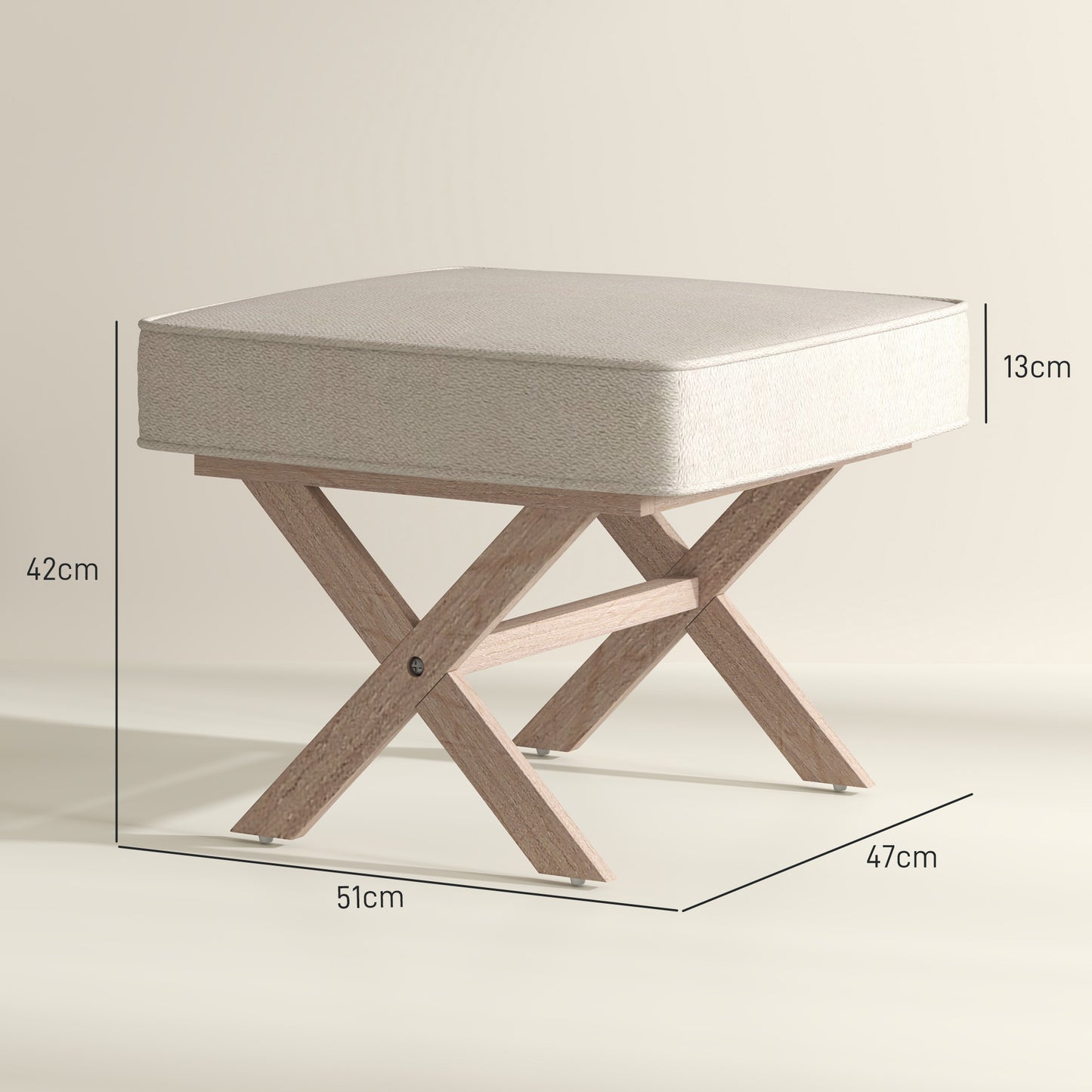 Voetenbank – Poef – Hocker – Zitbankje – Voetensteun – Comfortabel Zacht Zitvlak – Stevige Rubberwood Poten – Beige