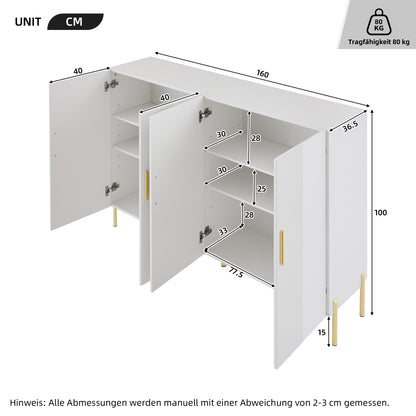 Wit Opbergmeubel – Opbergkast – Dressoir – Ladenkast – Buffetkast – Modern Design – Verstelbare Planken – Gouden Accenten – 160x35x100 cm