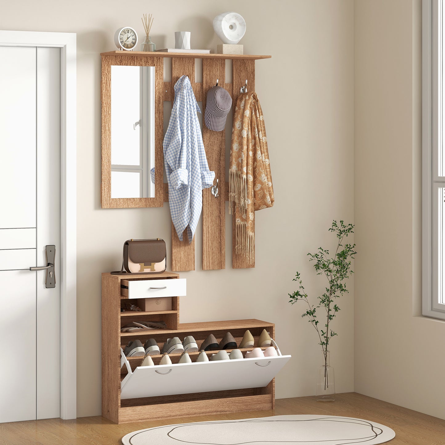 Halmeubel 3-in-1 – Kapstok – Schoenenkast – Spiegel – Opbergmeubel – Walnoot en Wit – 6 Haken – Verstelbare Plank