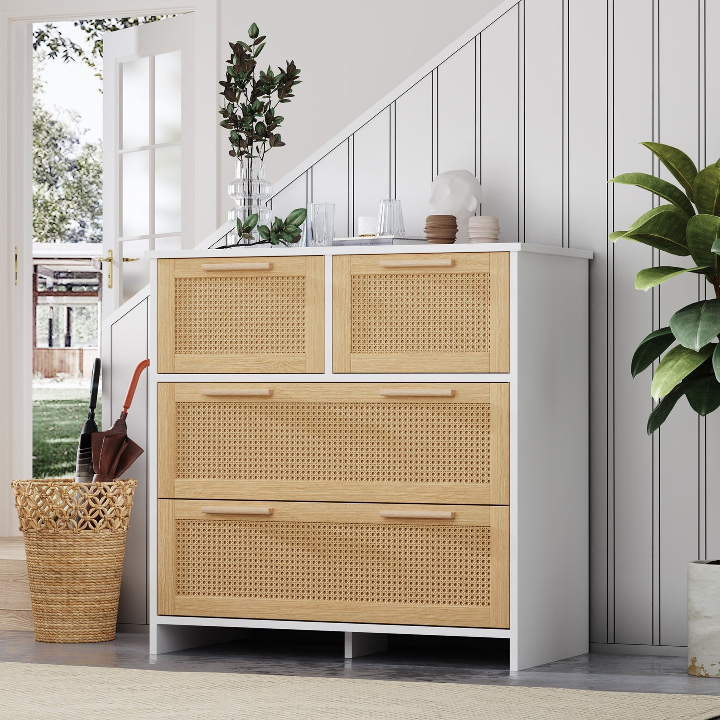 Opbergkast – Dressoir – Ladekast – Kast – Rattan Kast – 4 Grote Laden – Natuurlijk Wit Hout