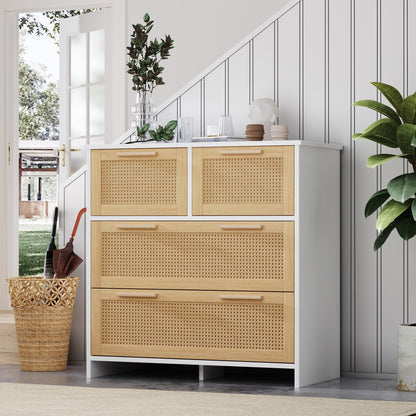 Opbergkast – Dressoir – Ladekast – Kast – Rattan Kast – 4 Grote Laden – Natuurlijk Wit Hout